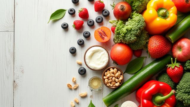 A diverse array of colorful, fresh fruits and vegetables, symbolizing gut health and nutrition