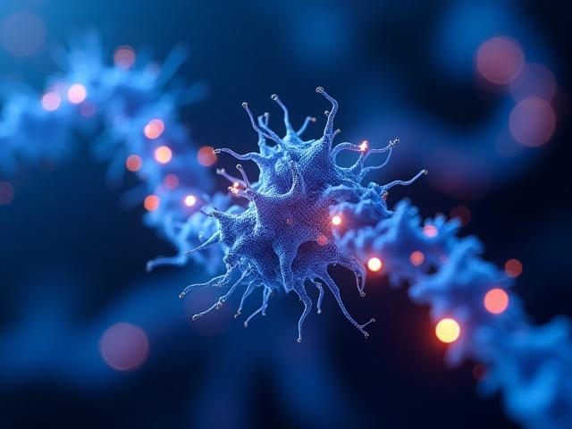 Scientific imagery illustrating NAD+ molecules or cellular energy pathways, in an abstract, vibrant blue and orange style.