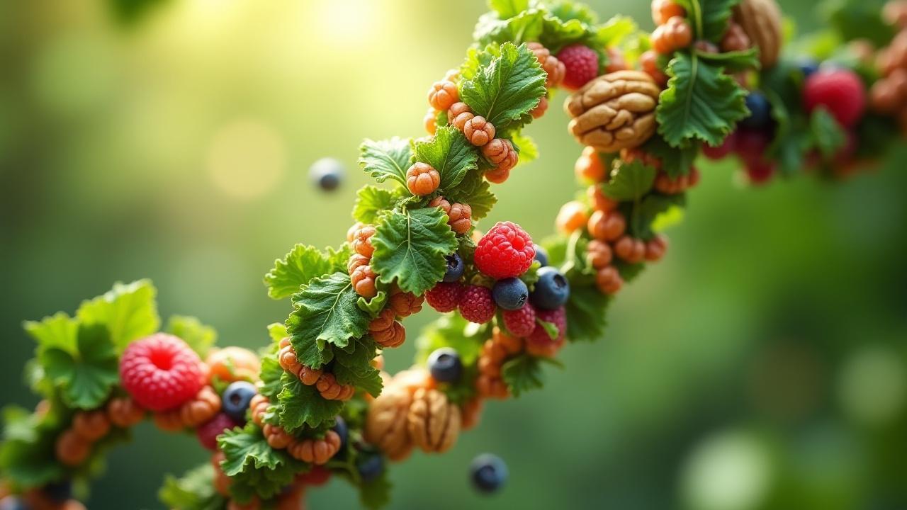 Vibrant double helix intertwining with colorful fresh produce like berries, leafy greens, and nuts, representing DNA-based nutrition.